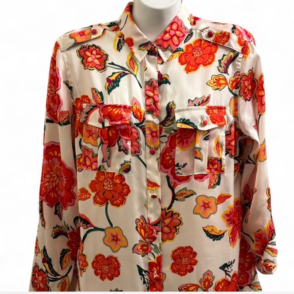 Floral Button-Up Shirt - White With Red Orange Bloom View 2